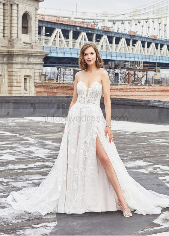 Beaded Strapless Ivory Lace Tulle Elegant Wedding Dress Beaded Strapless Ivory Lace Tulle Elegant Wedding Dress